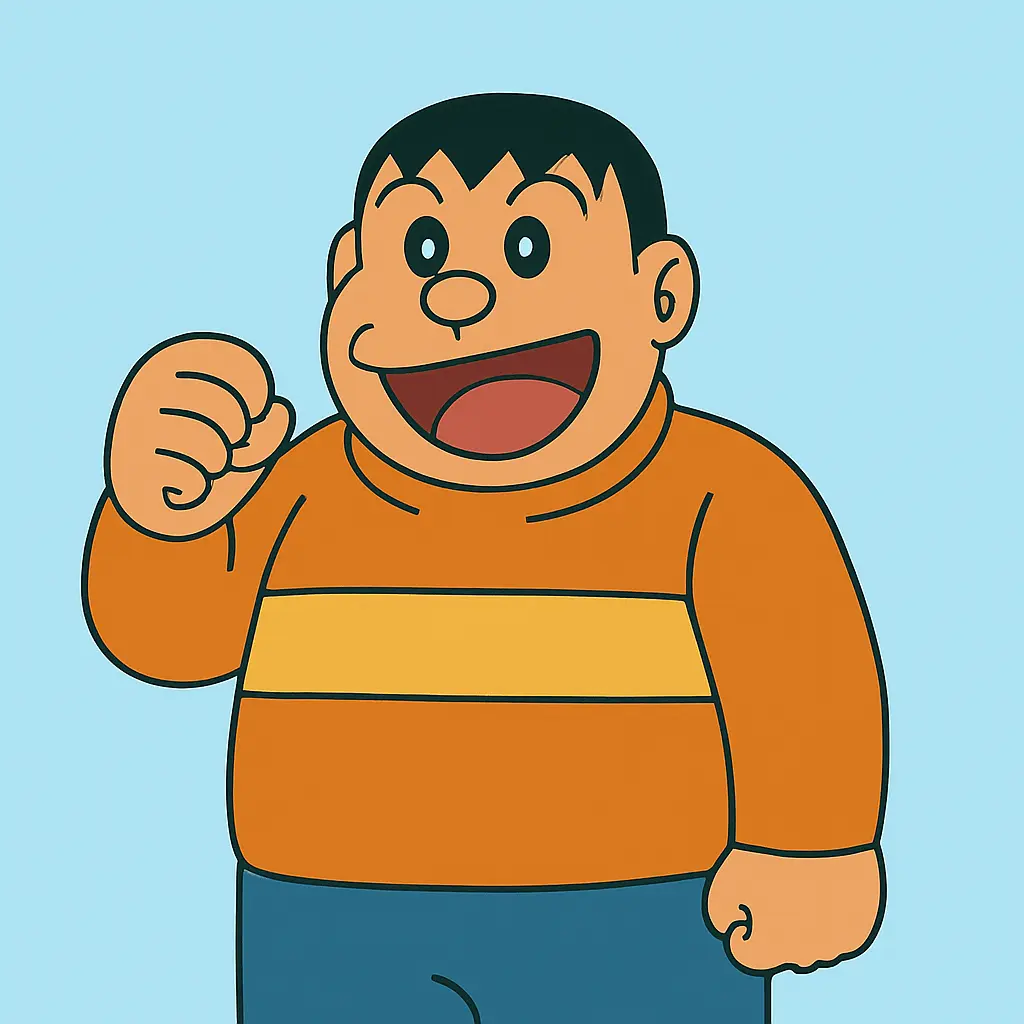 Download Doraemon X APK 1.3c Latest Android Version 2026 3 Gian character from Doraemon X APK, wearing an orange shirt and Dark blue trouser with a blue background