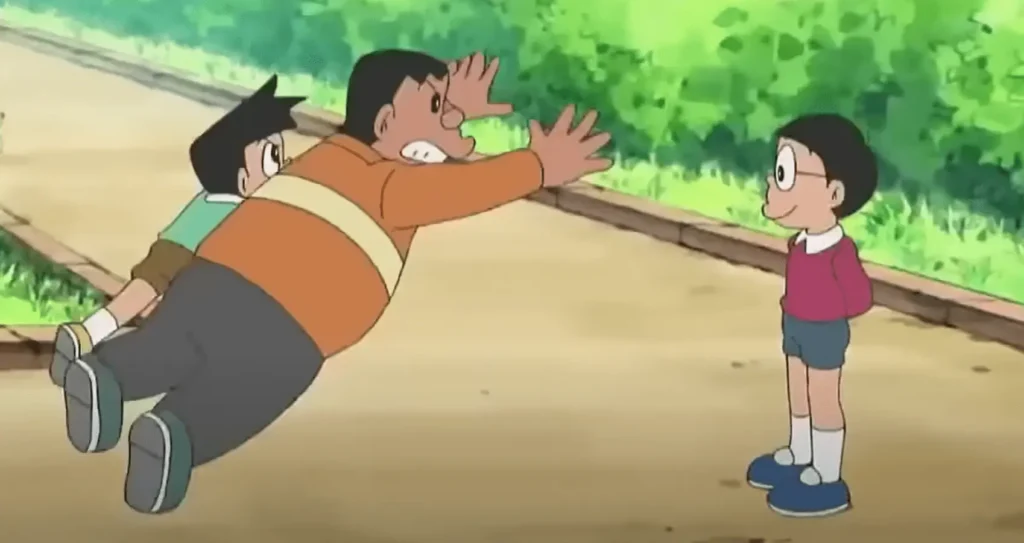 Download Doraemon X APK 1.3c Latest Android Version 2026 12 Gian and Suneo attack Nobita while Nobita is standing fearlessly in front of them