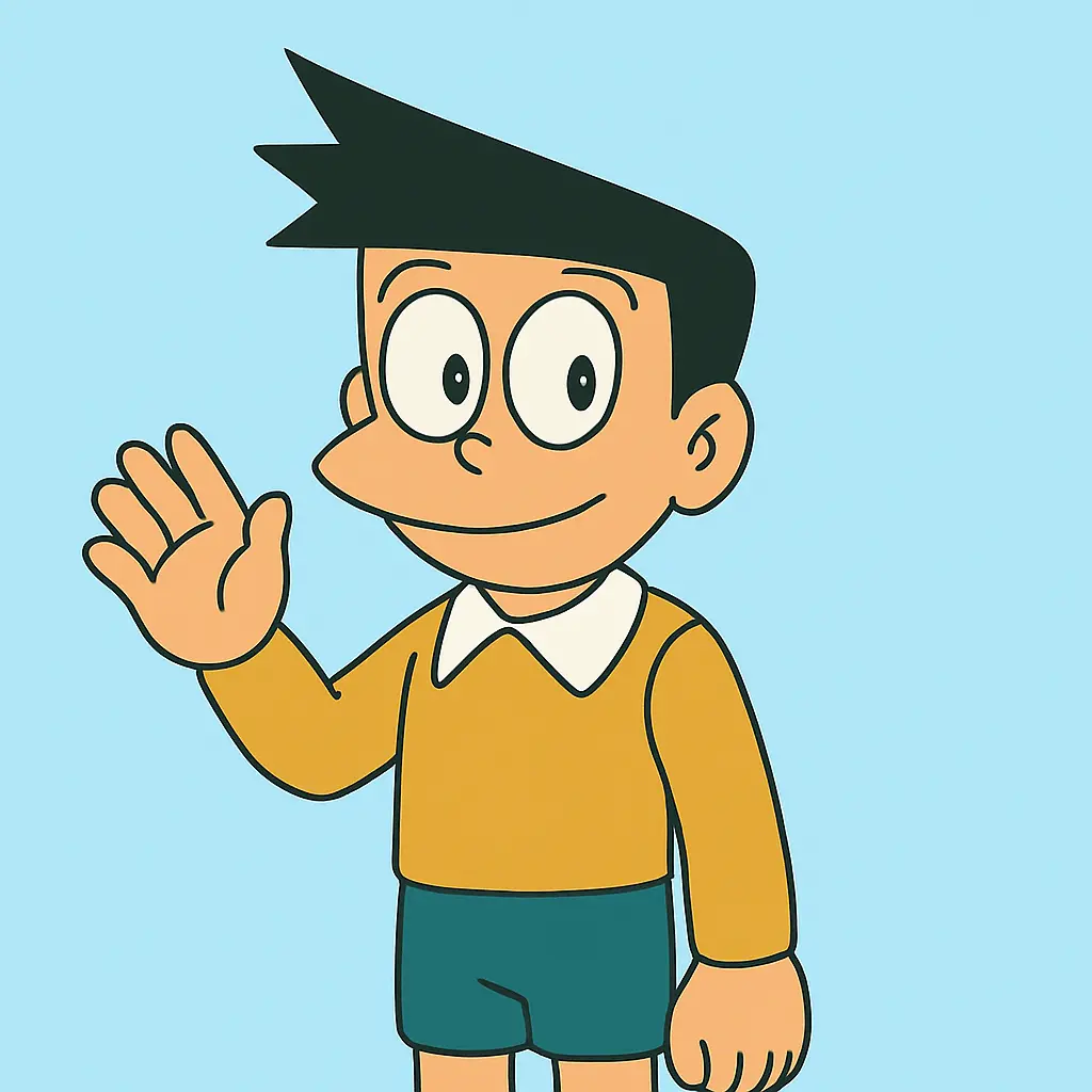 Download Doraemon X APK 1.3c Latest Android Version 2026 2 Suneo character from Doraemon X APK with a casual outfit with a blue background